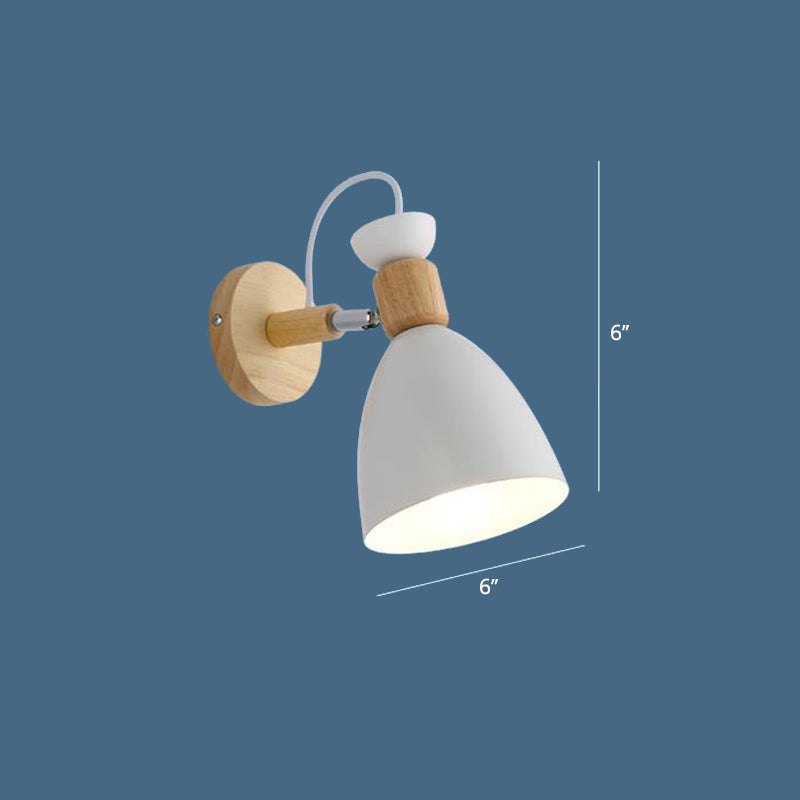 Modernist Geometry Single Head Wall Light - White Iron Fixture With Round Wood Backplate