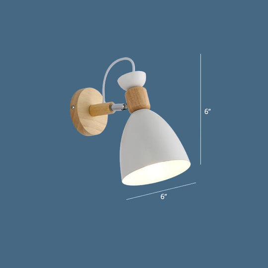 Modernist Geometry Single Head Wall Light - White Iron Fixture With Round Wood Backplate