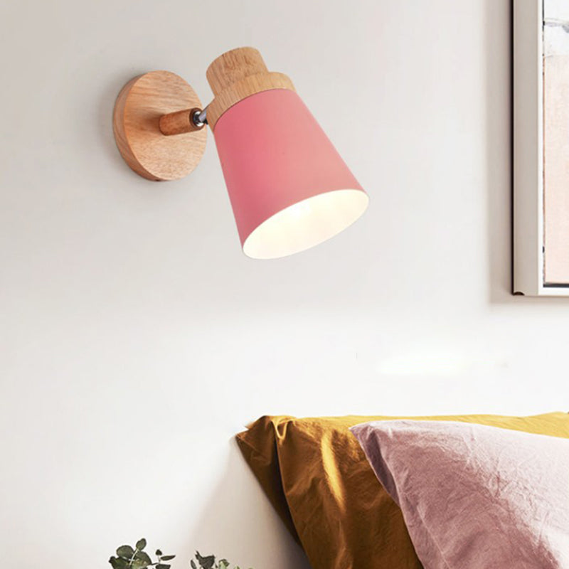 Minimalist Metal 1-Head Barrel Wall Lamp Sconce With Wood Backplate - Stylish Living Room Light