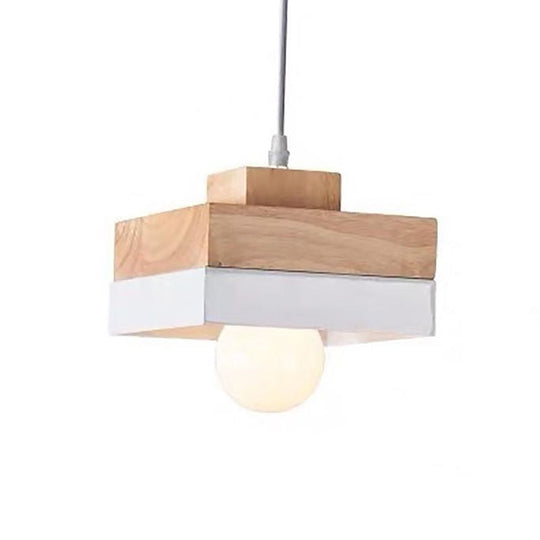 Contemporary Wood Geometry Hanging Ceiling Light - 1-Light Metallic Suspension For Dining Room White