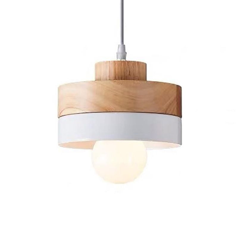 Contemporary Wood Geometry Hanging Ceiling Light - 1-Light Metallic Suspension For Dining Room White