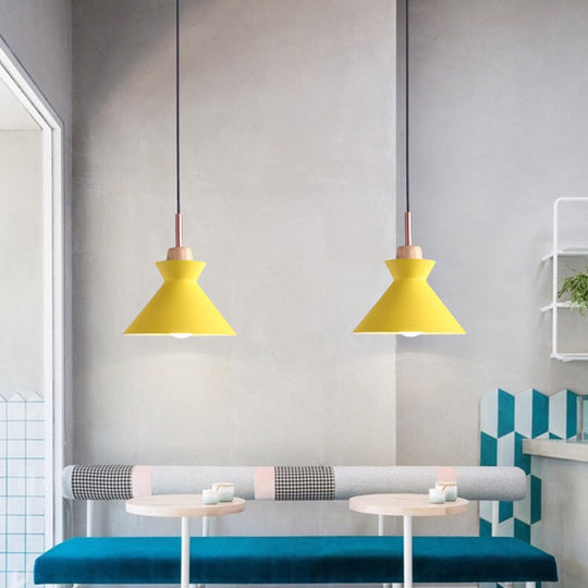 Contemporary Geometric Pendant Lamp With Wood Accent For Dining Room Ceiling Yellow