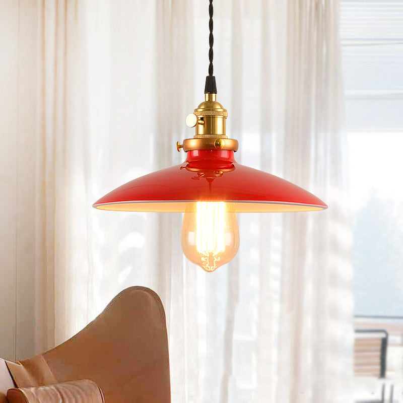 Sleek 1-Head Warehouse Saucer Pendant Light For Dining Room - Metallic Drop Design Red