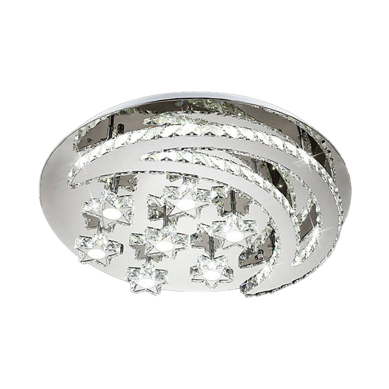 Contemporary Chrome Flush Light With Clear Crystal Moon And Star Design - Led Close To Ceiling Lamp