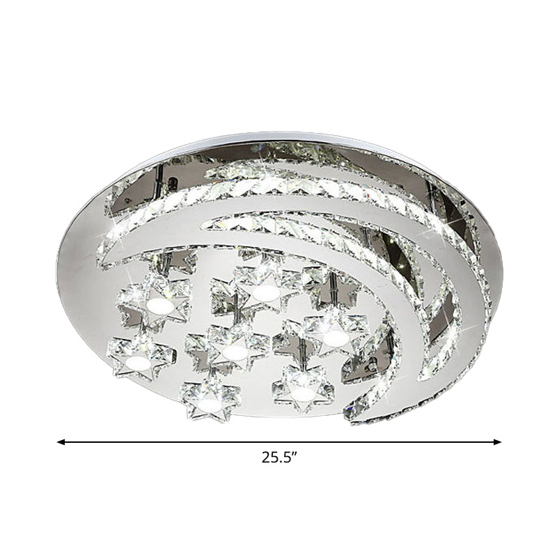 Contemporary Chrome Flush Light With Clear Crystal Moon And Star Design - Led Close To Ceiling Lamp