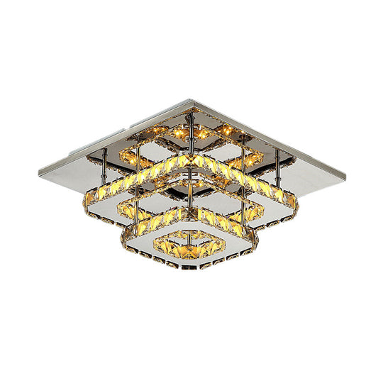Modern Led Crystal Flush Mount Ceiling Light With Beveled Square Design For Corridor Chrome Finish