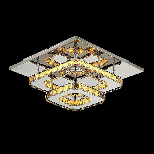 Modern Led Crystal Flush Mount Ceiling Light With Beveled Square Design For Corridor Chrome Finish