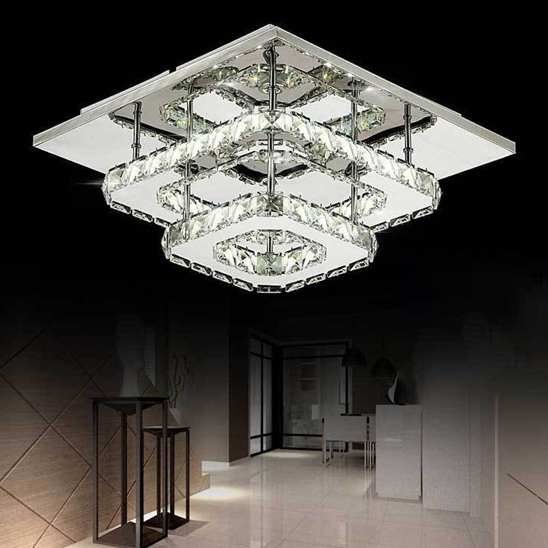 Modern Led Crystal Flush Mount Ceiling Light With Beveled Square Design For Corridor Chrome Finish