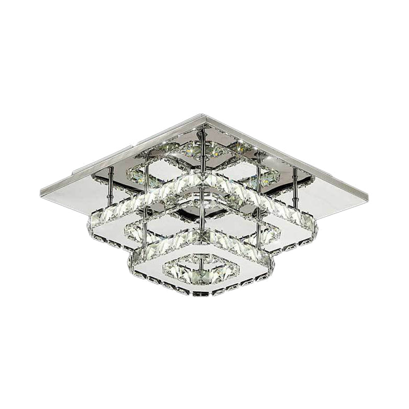 Modern Led Crystal Flush Mount Ceiling Light With Beveled Square Design For Corridor Chrome Finish