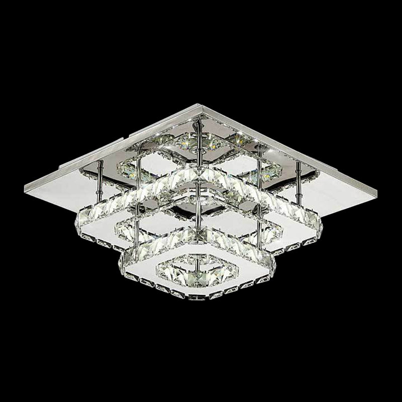 Modern Led Crystal Flush Mount Ceiling Light With Beveled Square Design For Corridor Chrome Finish
