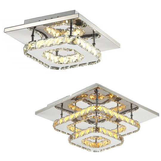 Contemporary Led Chrome Square Ceiling Lamp: Clear Crystal Flush Mount Lighting For Porch