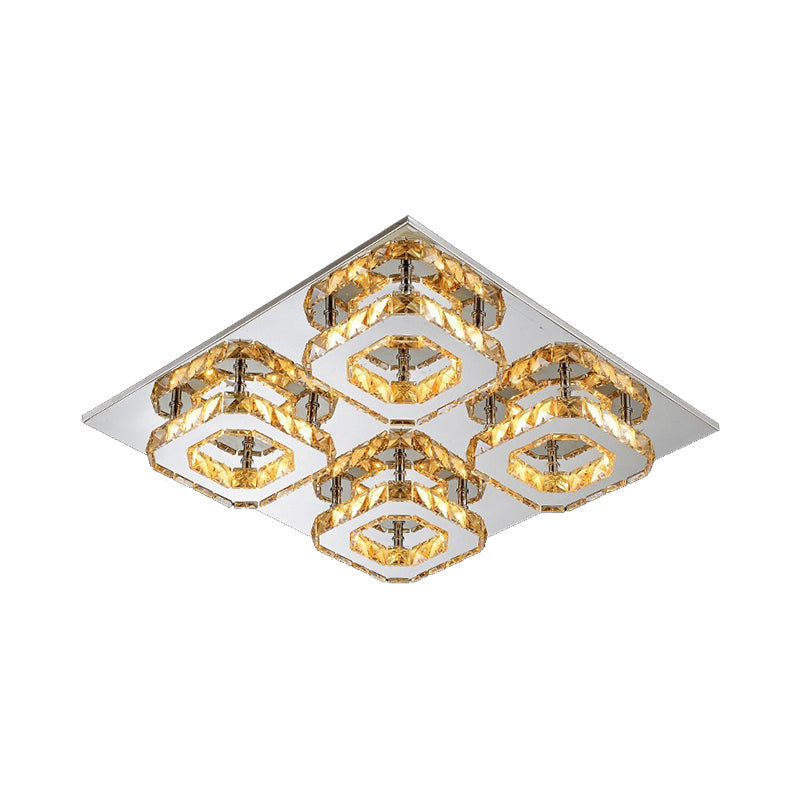 Modern Style Chrome Flush Ceiling Light With Faceted Crystal - Block Flushmount Lighting
