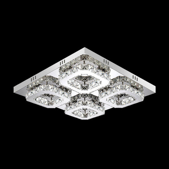 Modern Style Chrome Flush Ceiling Light With Faceted Crystal - Block Flushmount Lighting