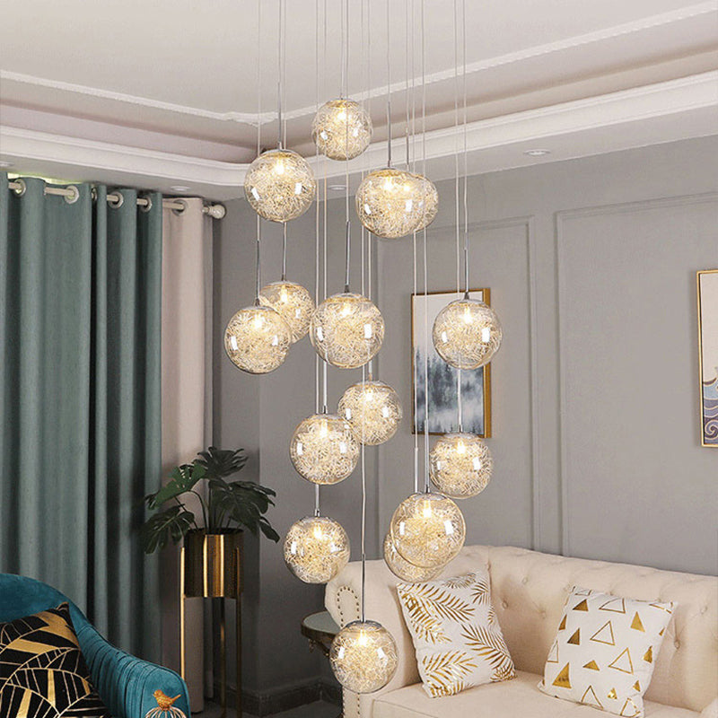 Clear Glass Spherical Multi Light Pendant Hanging Lamp For Stairs Lighting