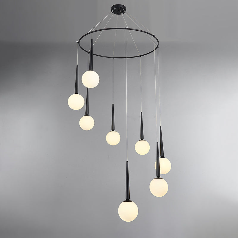 Modern Milky Glass Ball Cluster Pendant Light With Metal Ring Top 8 / Black