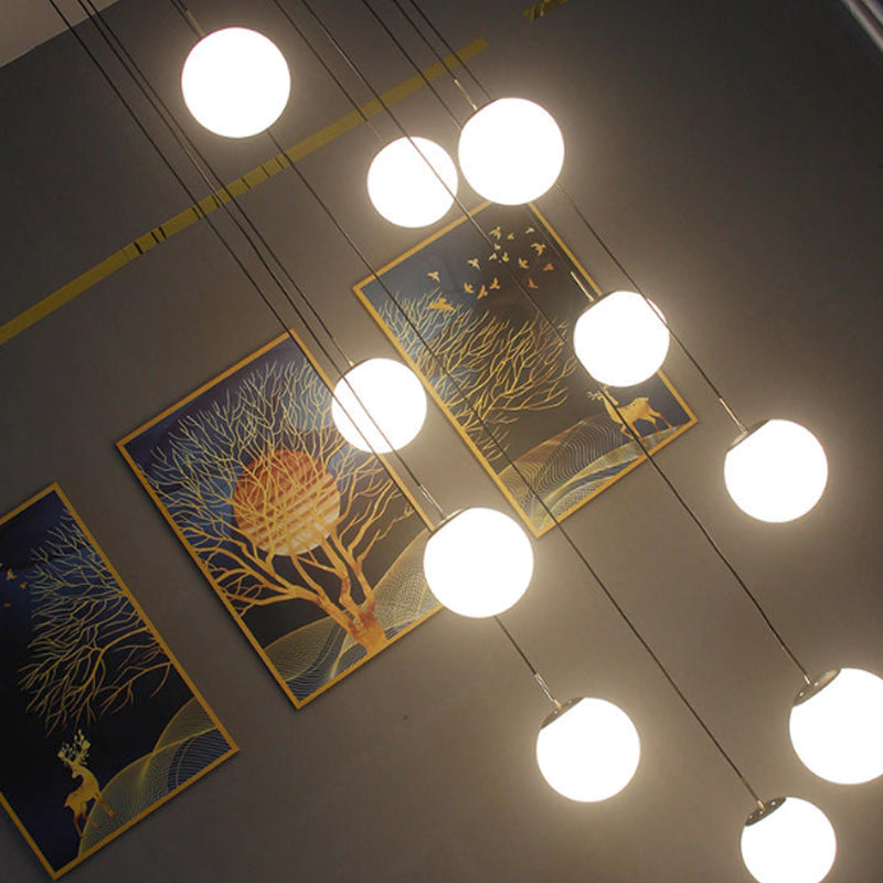 Modernist Cream Glass Ball Pendant Light With Black Suspension - 10 Heads Living Room Lighting