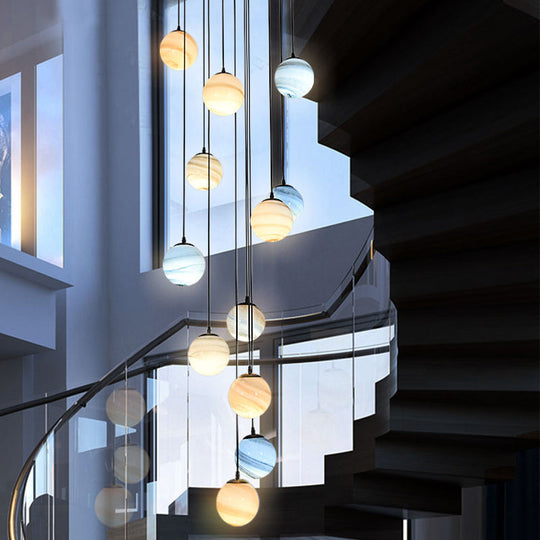 Modern Textured Glass Multi-Light Pendant For Stairs - Black Suspension Lighting Fixture