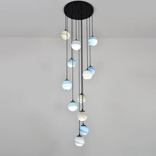 Modern Textured Glass Multi-Light Pendant For Stairs - Black Suspension Lighting Fixture