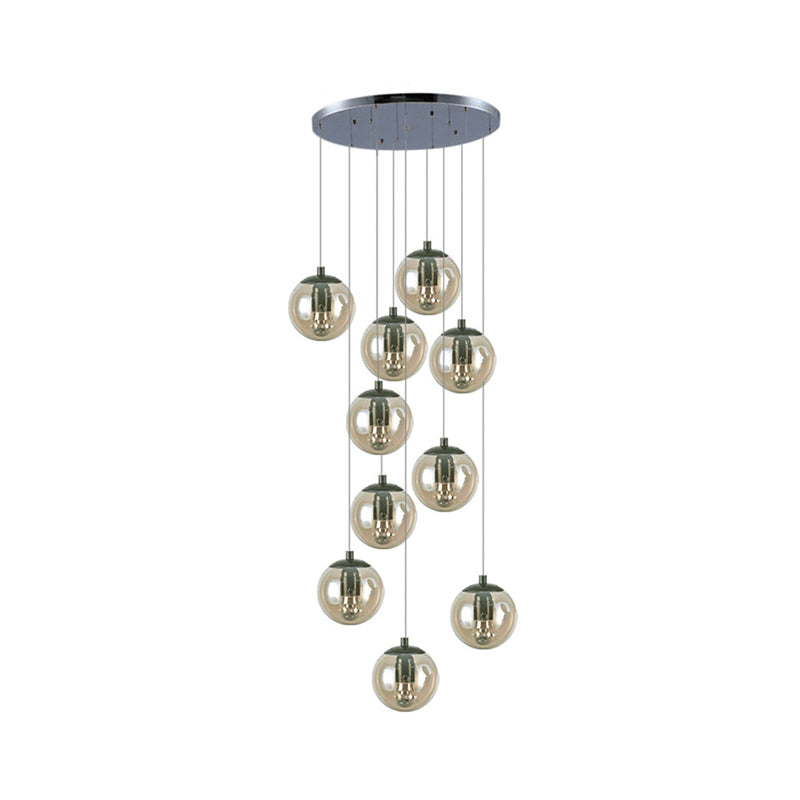 Cognac Glass Globe Cluster Pendant - 10-Light Ceiling Light For Stairs