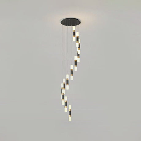 Contemporary Metal Tubular 12-Head Pendant Light Fixture In Black And White With Spiral Design