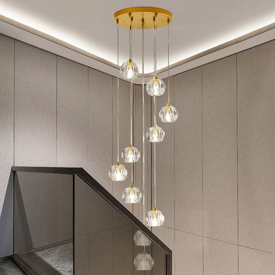 Clear Glass Multi Pendant Gold Pendulum Light With Spiral Design - Modern Stairway Lighting