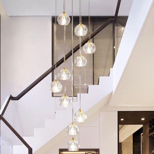 Clear Glass Multi Pendant Gold Pendulum Light With Spiral Design - Modern Stairway Lighting