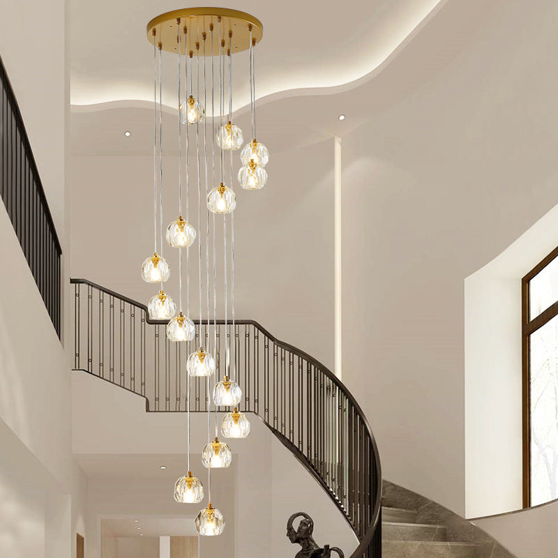 Modern Gold Spiral Design Glass Pendant Light For Stairs - Multi-Pendant Ball Clear Pendulum 15 /