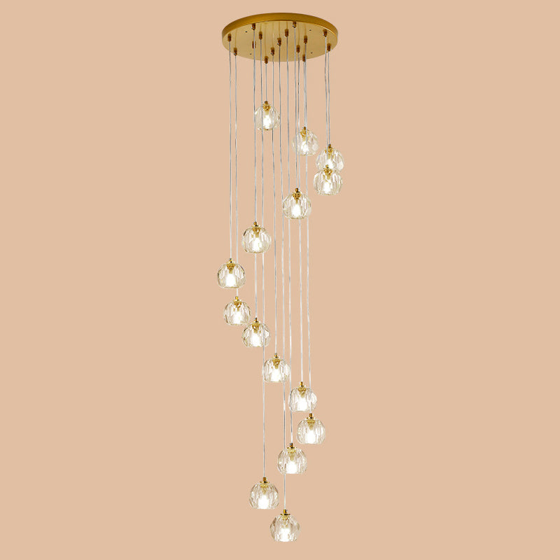Modern Gold Spiral Design Glass Pendant Light For Stairs - Multi-Pendant Ball Clear Pendulum