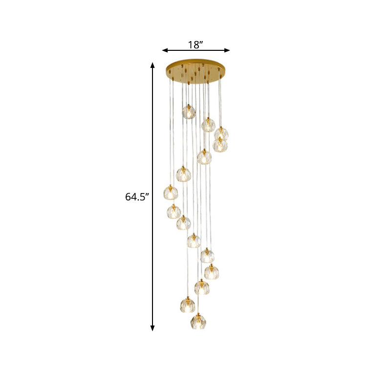 Modern Gold Spiral Design Glass Pendant Light For Stairs - Multi-Pendant Ball Clear Pendulum