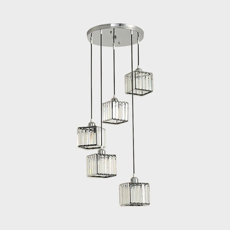 Beveled Crystal Cubic Pendant Suspension Light With Contemporary Swirl Design