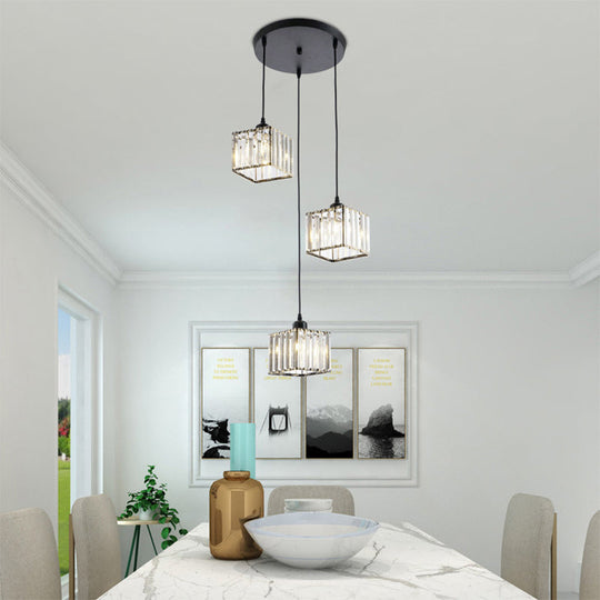 Beveled Crystal Cubic Pendant Suspension Light With Contemporary Swirl Design 3 / Black