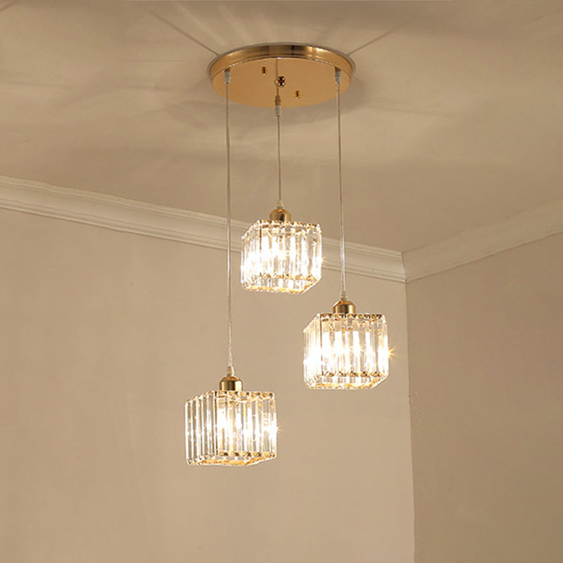 Beveled Crystal Cubic Pendant Suspension Light With Contemporary Swirl Design 3 / Gold