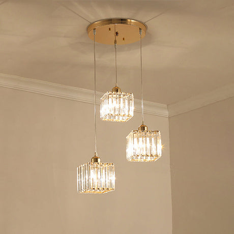 Beveled Crystal Cubic Pendant Suspension Light With Contemporary Swirl Design 3 / Gold