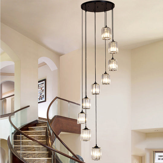 Clear Crystal Black Cylinder Cluster Pendant Light - Minimalist Stair Drop Lamp