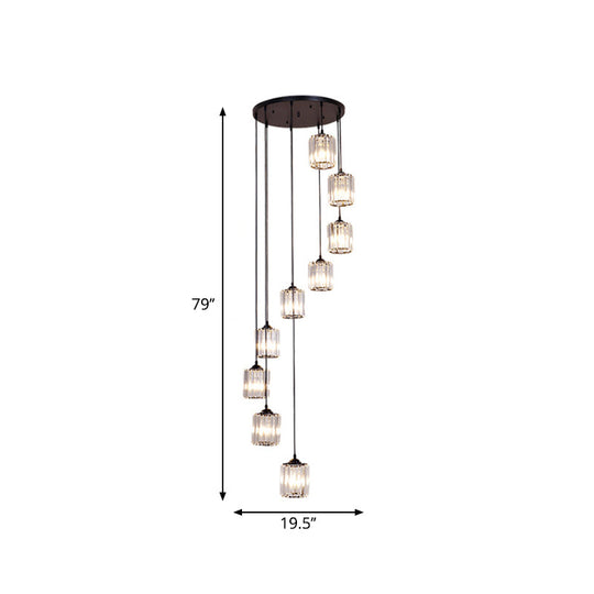 Clear Crystal Black Cylinder Cluster Pendant Light - Minimalist Stair Drop Lamp