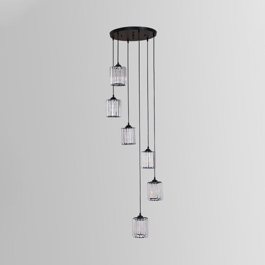 Clear Crystal Black Cylinder Cluster Pendant Light - Minimalist Stair Drop Lamp