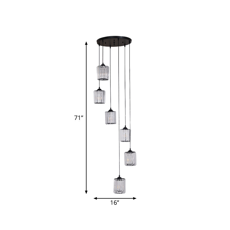 Clear Crystal Black Cylinder Cluster Pendant Light - Minimalist Stair Drop Lamp