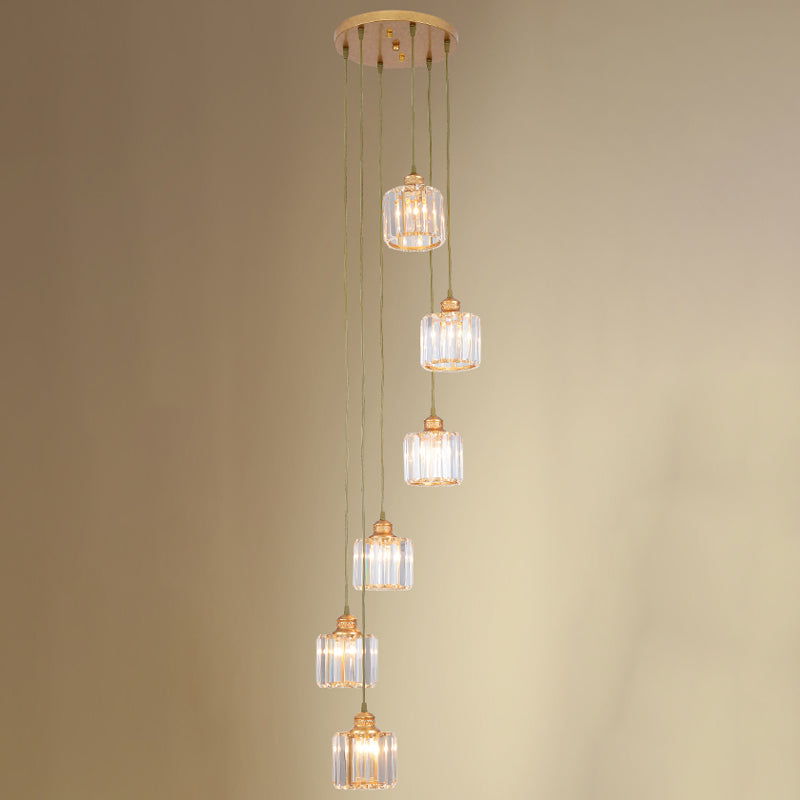 Hanging Light Drum Pendant Fixture With Beveled Crystal Shade - Nordic Style