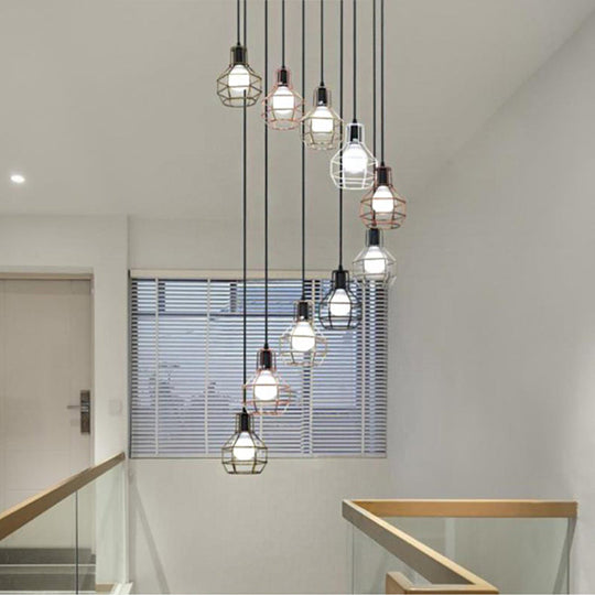 Black Metal 7-Light Pendant Chandelier With Globe Cages - Modern Stairs Ceiling Lamp