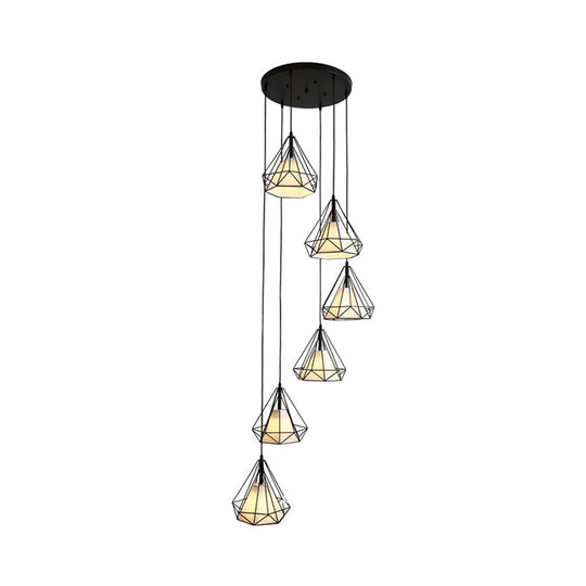 Minimalist Black Diamond Cage Pendant Light Kit With 6 Inner Fabric Shades: Versatile Corridor