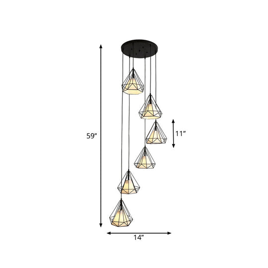 Minimalist Black Diamond Cage Pendant Light Kit With 6 Inner Fabric Shades: Versatile Corridor