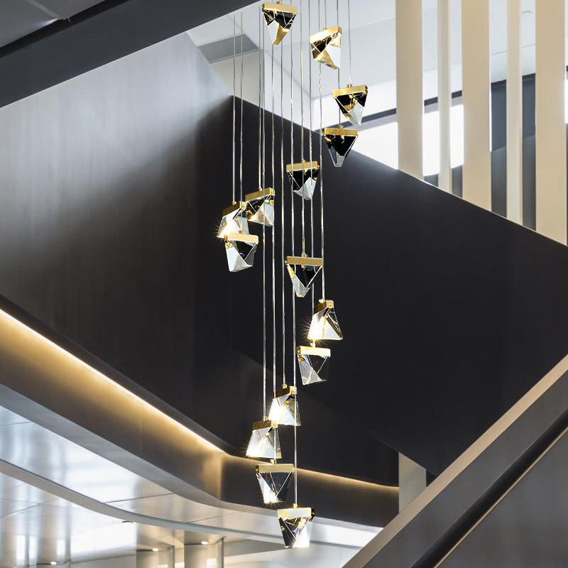 Contemporary Crystal Cluster Pendant For Stairs - Clear Triangle Spiral Hanging Light 15 /