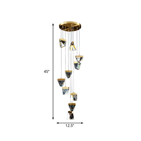 Contemporary Crystal Cluster Pendant For Stairs - Clear Triangle Spiral Hanging Light