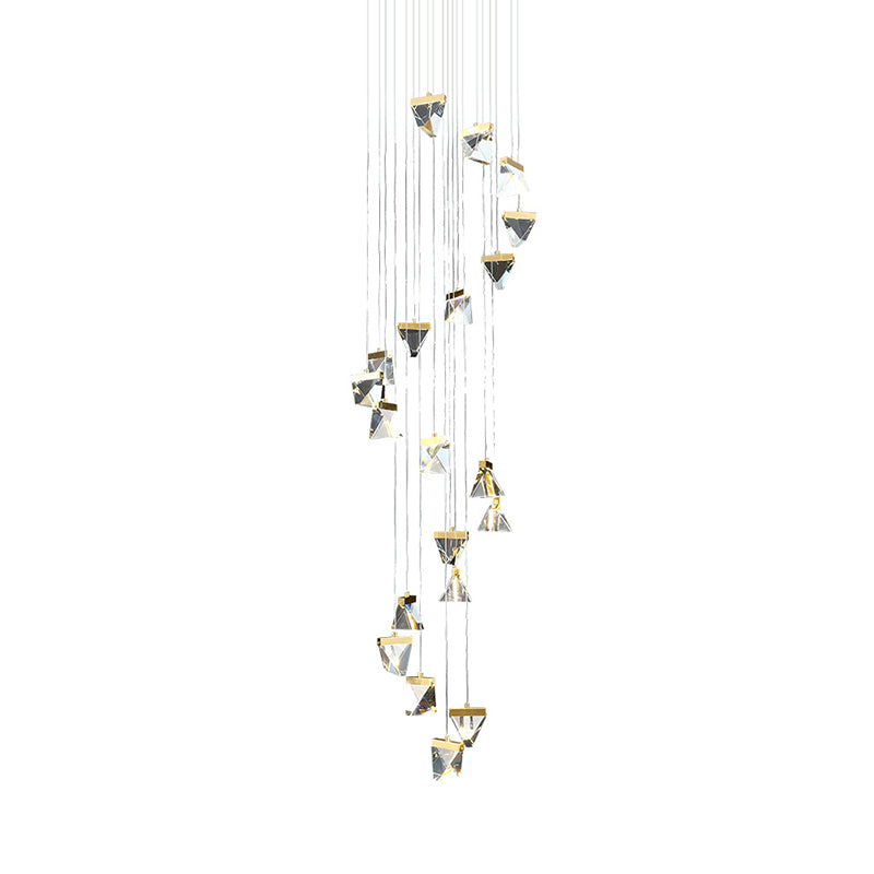 Contemporary Crystal Cluster Pendant For Stairs - Clear Triangle Spiral Hanging Light