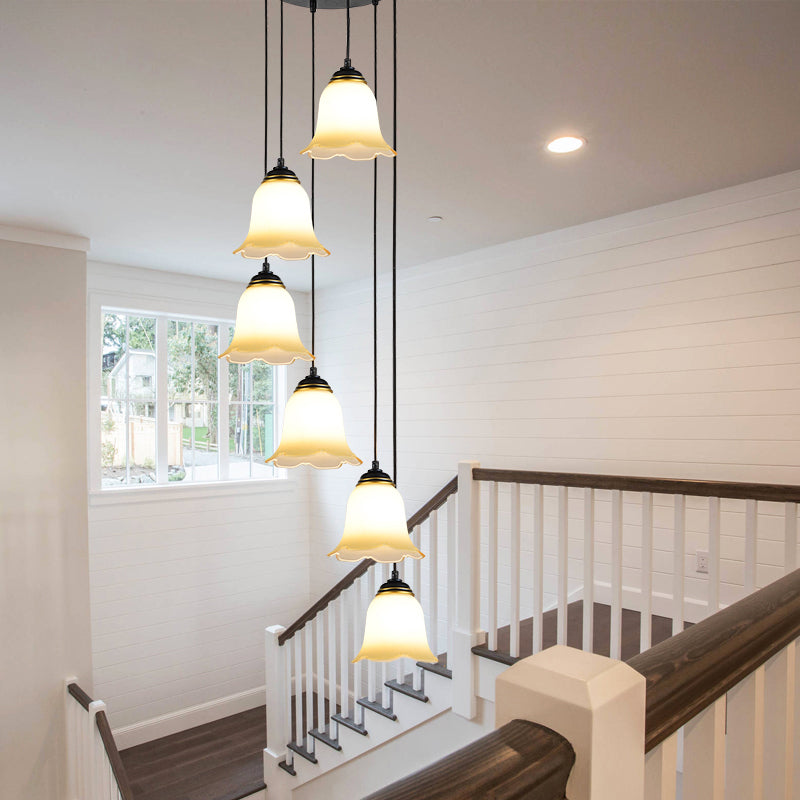Black Minimalist Flower Stairs Multi-Pendant Light With Frosted Glass And Round Canopy
