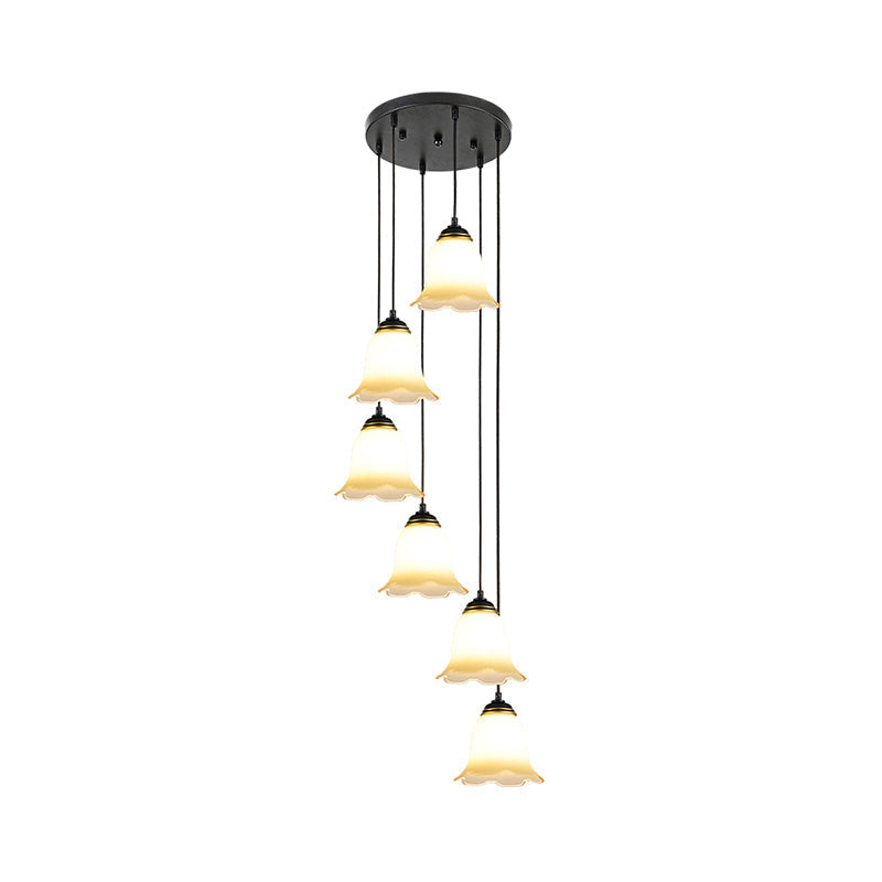 Black Minimalist Flower Stairs Multi-Pendant Light With Frosted Glass And Round Canopy