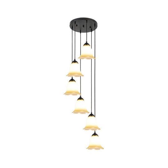 Black Minimalist Flower Stairs Multi-Pendant Light With Frosted Glass And Round Canopy