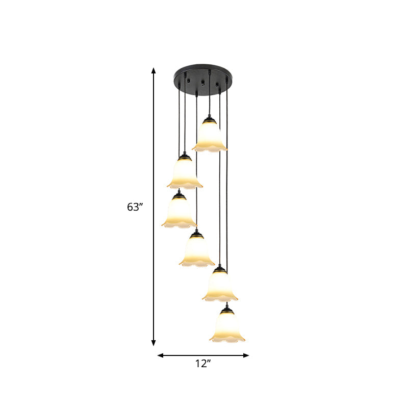 Minimalist Black Flower Stairs Pendant Light With Frosted Glass And Round Canopy