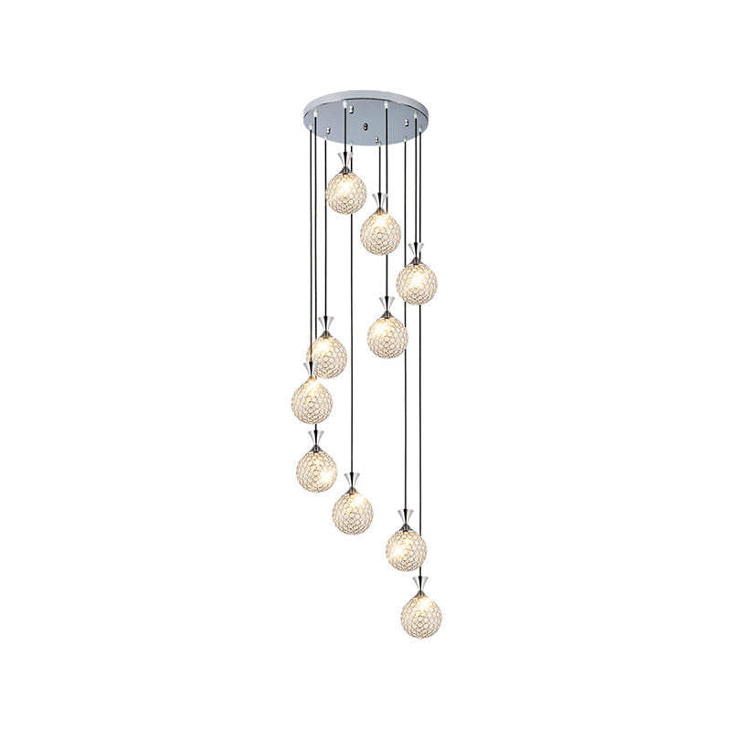 Modern Crystal Embedded Ball Spiral Pendant Light - 10-Light Cluster Hanging Fixture