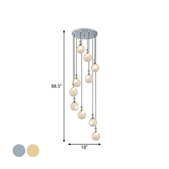 Modern Crystal Embedded Ball Spiral Pendant Light - 10-Light Cluster Hanging Fixture